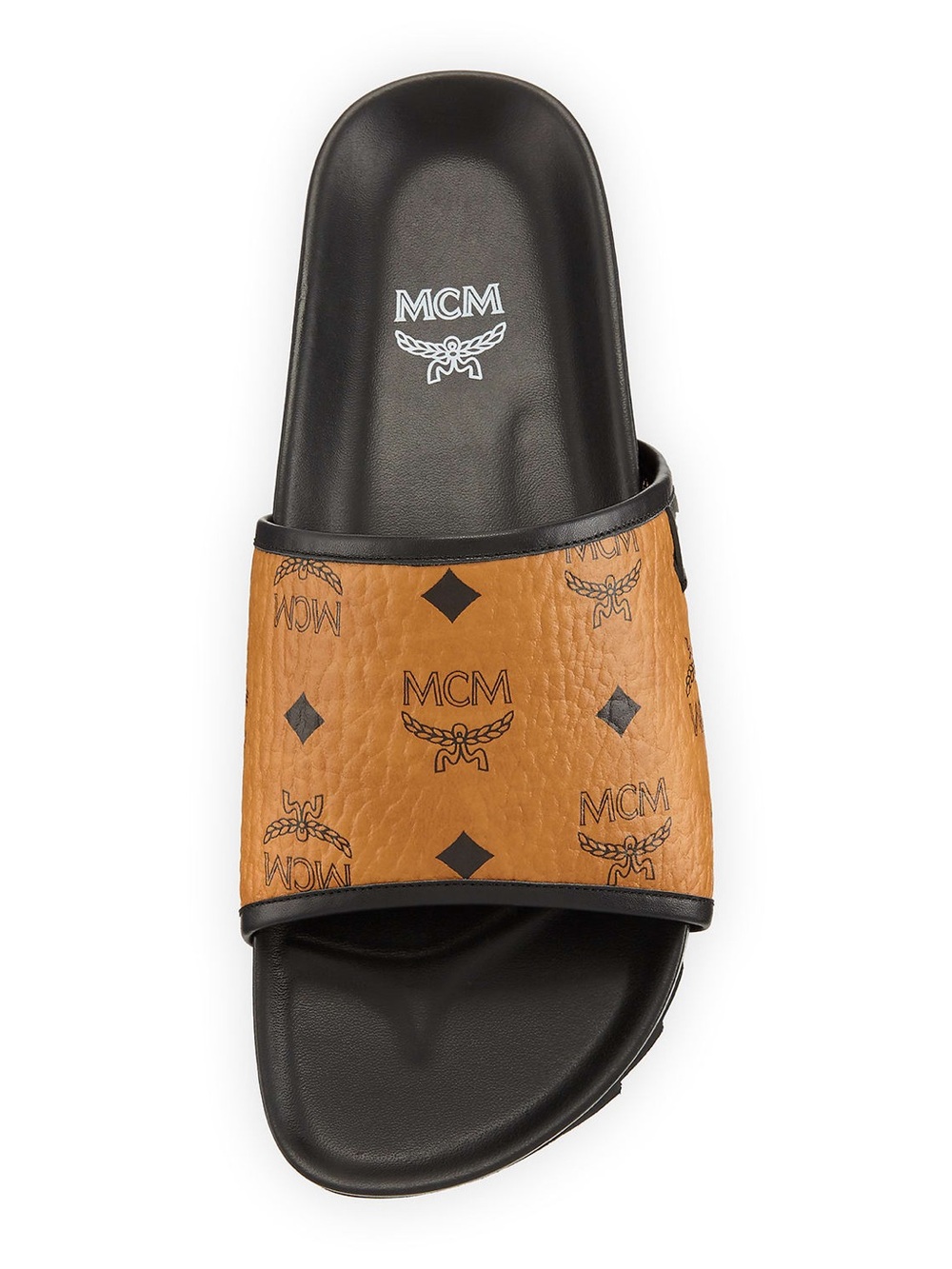 MCM Cognac Logo Slide with Black Footbed mens 10.5